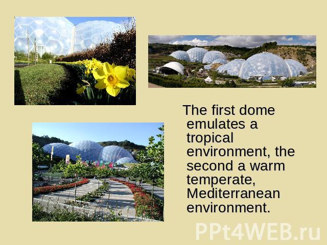 The first dome emulates a tropical environment, the second a warm temperate, Mediterranean environment.