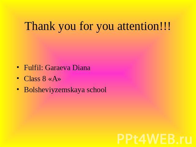 Fulfil: Garaeva DianaClass 8 «A»Bolsheviyzemskaya school