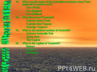 What was the name of the Australian continent when Cook explored its eastern coa
