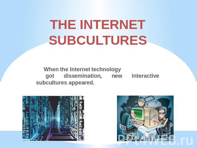 THE INTERNETSUBCULTURES When the Internet technology got dissemination, new interactive subcultures appeared.