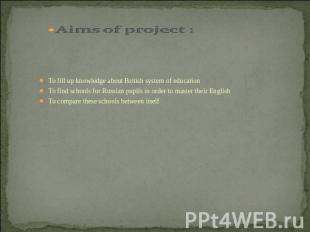 Aims of project : To fill up knowledge about British system of educationTo find