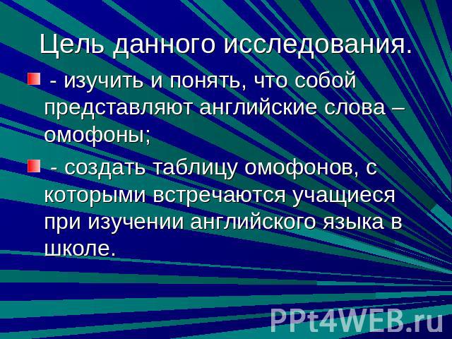 - изучить и понять, что собой представляют английские слова – омофоны; - создать таблицу омофонов, с которыми встречаются учащиеся при изучении английского языка в школе.