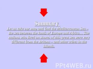 Summary Let us take our map and find the Mediterranean Sea – the sea between the