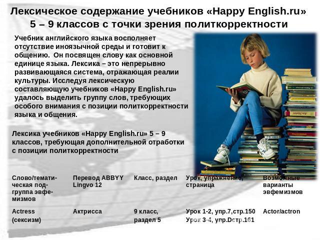 Лексическое содержание учебников «Happy English.ru» 5 – 9 классов с точки зрения политкорректности Учебник английского языка восполняет отсутствие иноязычной среды и готовит к общению. Он посвящен слову как основной единице языка. Лексика – это непр…