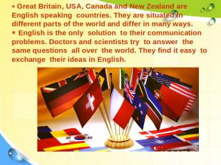 Great Britain, USA, Canada and New Zealand are English speaking countries. They