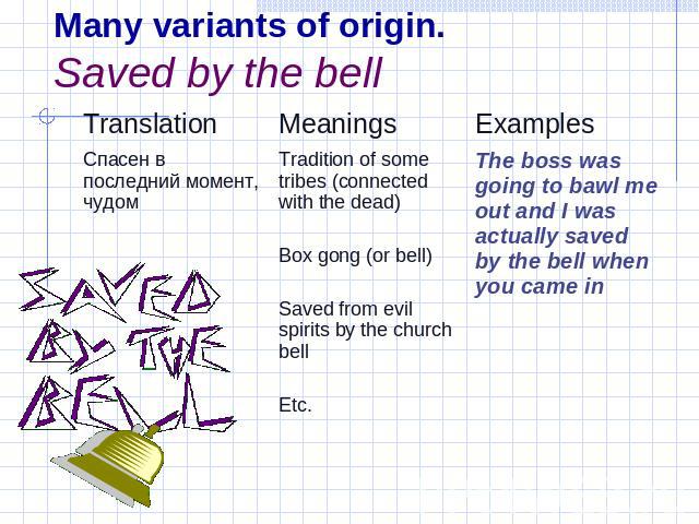 Many variants of origin.Saved by the bell