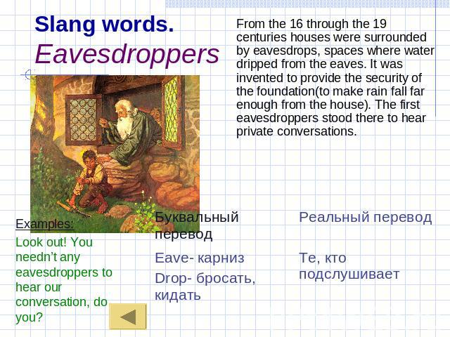 Slang words.Eavesdroppers Examples:Look out! You needn’t any eavesdroppers to hear our conversation, do you? From the 16 through the 19 centuries houses were surrounded by eavesdrops, spaces where water dripped from the eaves. It was invented to pro…