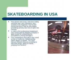 SKATEBOARDING IN USA First person who look a new born hobby seriously was Larry