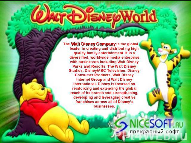The Walt Disney Company is the global leader in creating and distributing high quality family entertainment. It is a diversified, worldwide media enterprise with businesses including Walt Disney Parks and Resorts, The Walt Disney Studios, Disney/ABC…