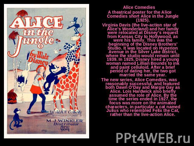 Alice Comedies A theatrical poster for the Alice Comedies short Alice in the Jungle (1925).Virginia Davis (the live-action star of Alice’s Wonderland) and her family were relocated at Disney's request from Kansas City to Hollywood, as were his famil…