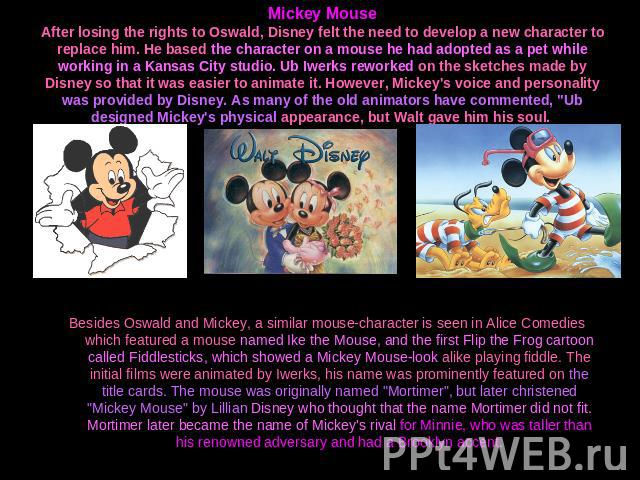 Mickey MouseAfter losing the rights to Oswald, Disney felt the need to develop a new character to replace him. He based the character on a mouse he had adopted as a pet while working in a Kansas City studio. Ub Iwerks reworked on the sketches made b…