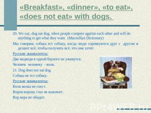 «Breakfast», «dinner», «to eat», «does not eat» with dogs. 20. We say, dog eat d