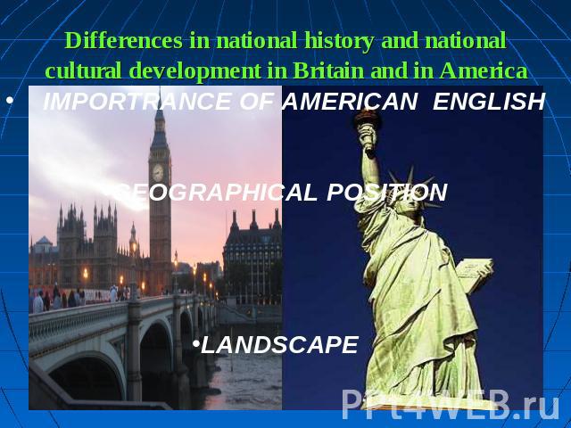 Differences in national history and nationalcultural development in Britain and in America IMPORTRANCE OF AMERICAN ENGLISHGEOGRAPHICAL POSITIONLANDSCAPE