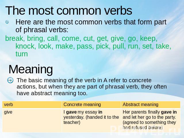 The most common verbs Here are the most common verbs that form part of phrasal verbs:break, bring, call, come, cut, get, give, go, keep, knock, look, make, pass, pick, pull, run, set, take, turn Meaning The basic meaning of the verb in A refer to co…