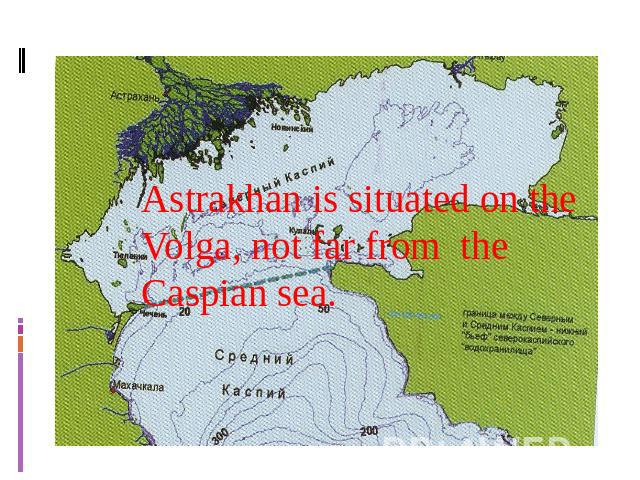 Astrakhan is situated on the Volga, not far from the Caspian sea.