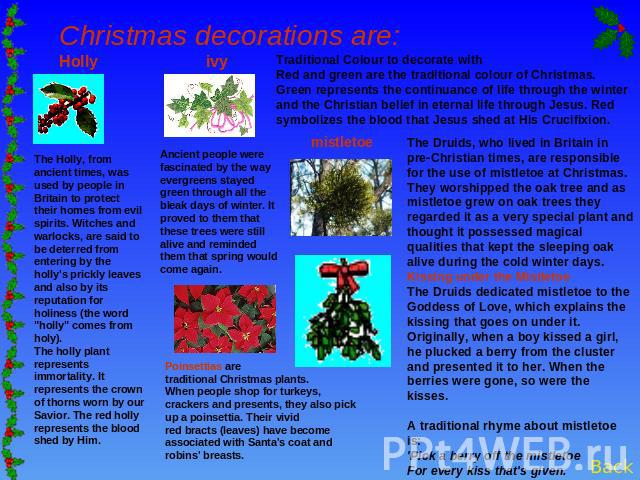 Christmas decorations are: Holly ivy The Holly, from ancient times, was used by people in Britain to protect their homes from evil spirits. Witches and warlocks, are said to be deterred from entering by the holly's prickly leaves and also by its rep…