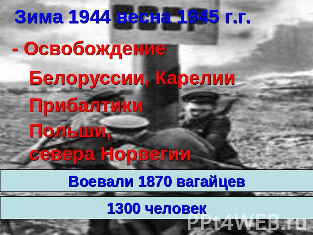 Зима 1944 весна 1945 г.г. - Освобождение Белоруссии, Карелии Прибалтики Польши, севера Норвегии Воевали 1870 вагайцев 1300 человек