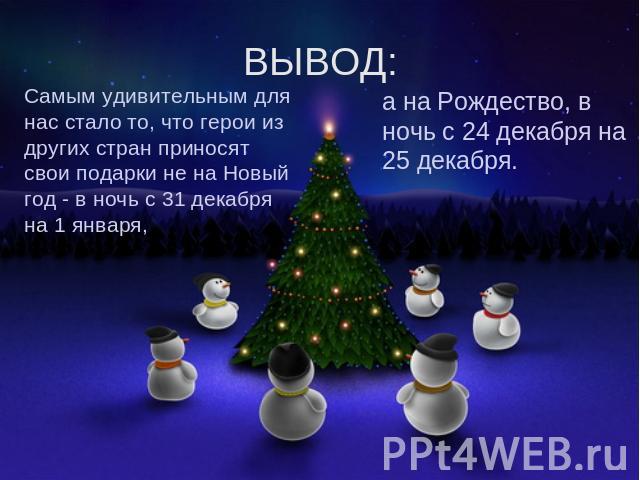ВЫВОД: Самым удивительным для нас стало то, что герои из других стран приносят свои подарки не на Новый год - в ночь с 31 декабря на 1 января, а на Рождество, в ночь с 24 декабря на 25 декабря.