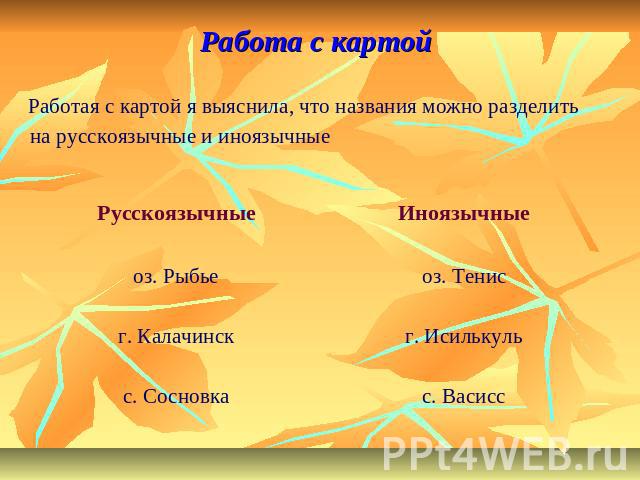 Работа с картой Работая с картой я выяснила, что названия можно разделить на русскоязычные и иноязычные