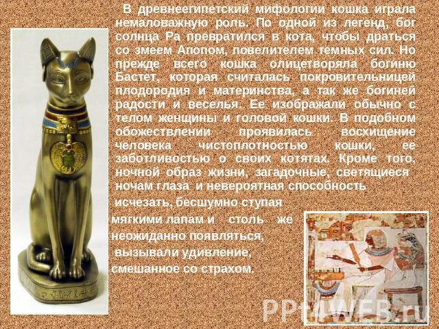 В древнеегипетский мифологии кошка играла немаловажную роль. По одной из легенд, бог солнца Ра превратился в кота, чтобы драться со змеем Апопом, повелителем темных сил. Но прежде всего кошка олицетворяла богиню Бастет, которая считалась покровитель…