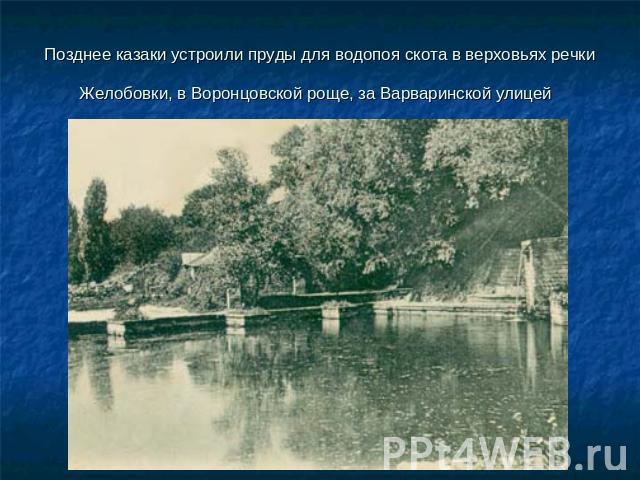 Позднее казаки устроили пруды для водопоя скота в верховьях речки Желобовки, в Воронцовской роще, за Варваринской улицей