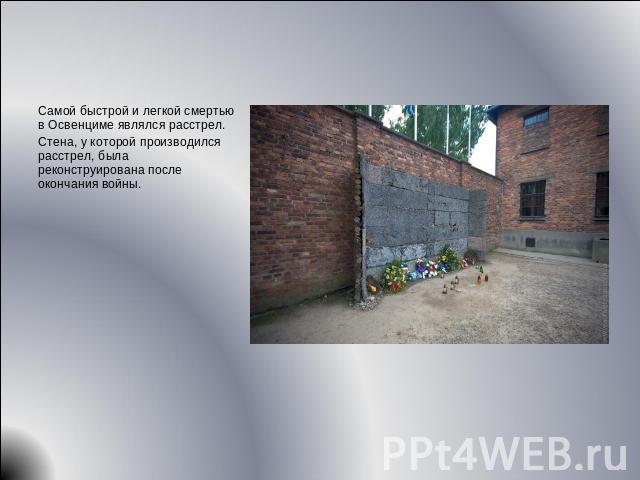 Самой быстрой и легкой смертью в Освенциме являлся расстрел.Стена, у которой производился расстрел, была реконструирована после окончания войны.