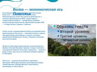 Волга — экономическая ось Поволжья В настоящее время основные отрасли специализа