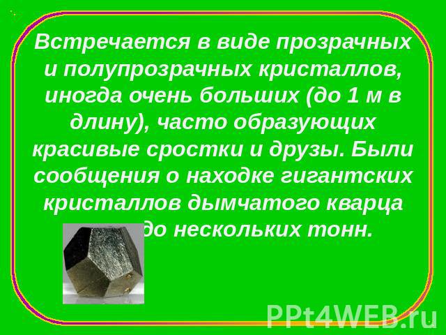 Встречается в виде прозрачных и полупрозрачных кристаллов, иногда очень больших (до 1 м в длину), часто образующих красивые сростки и друзы. Были сообщения о находке гигантских кристаллов дымчатого кварца весом до нескольких тонн.