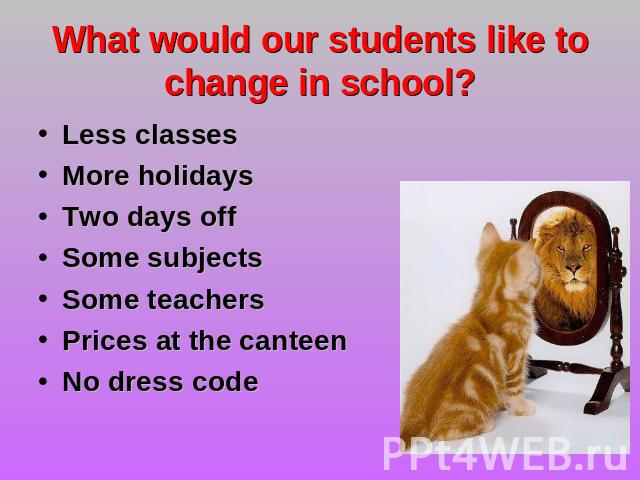What would our students like to change in school? Less classesMore holidaysTwo days offSome subjects Some teachersPrices at the canteen No dress code