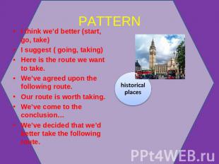PATTERN I think we’d better (start, go, take)I suggest ( going, taking)Here is t