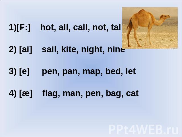 1)[ɔ:] hot, all, call, not, tall2) [ai] sail, kite, night, nine3) [e] pen, pan, map, bed, let4) [æ] flag, man, pen, bag, cat