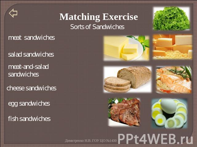 Matching Exercise meat sandwiches salad sandwiches meat-and-salad sandwiches cheese sandwiches egg sandwiches fish sandwiches