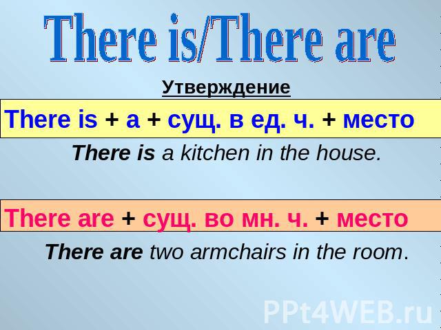 There is/There are УтверждениеThere is + a + сущ. в ед. ч. + место There is a kitchen in the house.There are + сущ. во мн. ч. + местоThere are two armchairs in the room.