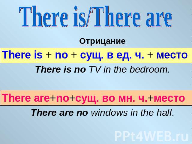 There is/There are ОтрицаниеThere is + no + сущ. в ед. ч. + место There is no TV in the bedroom.There are+no+сущ. во мн. ч.+местоThere are no windows in the hall.