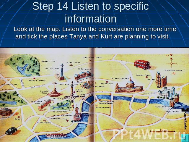 Step 14 Listen to specific information Look at the map. Listen to the conversation one more time and tick the places Tanya and Kurt are planning to visit.