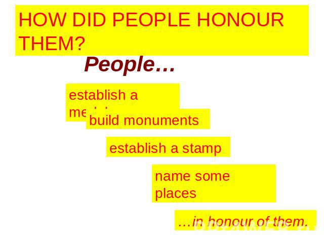 HOW DID PEOPLE HONOUR THEM? People… establish a medal build monuments establish a stamp name some places …in honour of them.
