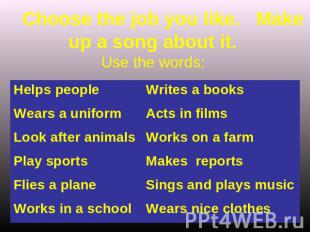 Choose the job you like. Make up a song about it. Use the words: