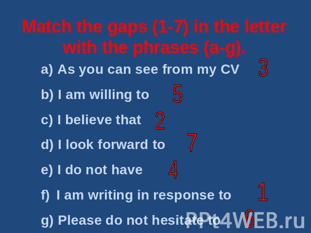Match the gaps (1-7) in the letter with the phrases (a-g). As you can see from my CV I am willing to I believe that I look forward to I do not have I am writing in response to Please do not hesitate to