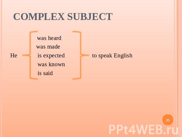 Complex Subject was heard was madeHe is expected to speak English was known is said