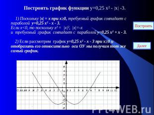 Построить график функции у=0,25 х² - |х| -3. 1) Поскольку |х| = х при х≥0, требу