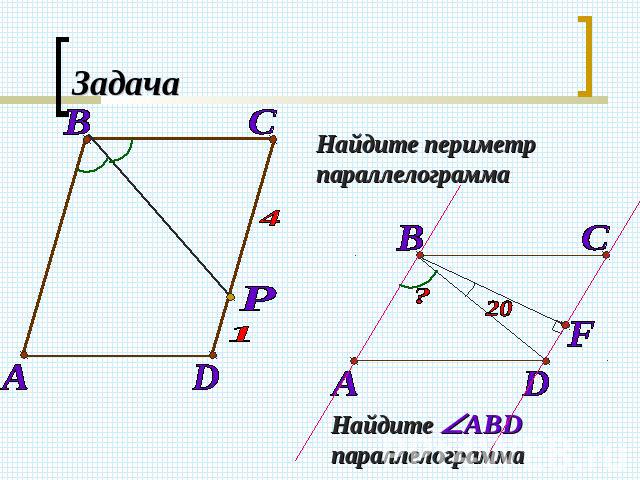Задача Найдите периметр параллелограмма Найдите АBD параллелограмма