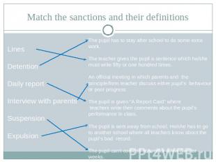 Match the sanctions and their definitions LinesDetentionDaily reportInterview wi