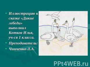 Иллюстрацию к сказке «Дикие лебеди» выполнил Котков Илья, уч-ся 1 класса.Препода
