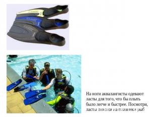 На ноги аквалангисты одевают ласты для того, что бы плытьбыло легче и быстрее. П