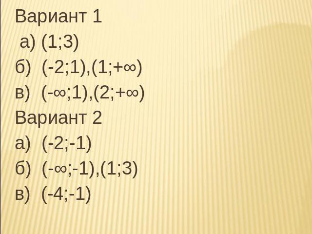 ответы Вариант 1 а) (1;3)б) (-2;1),(1;+∞)в) (-∞;1),(2;+∞) Вариант 2а) (-2;-1)б) (-∞;-1),(1;3)в) (-4;-1)
