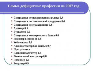 Самые дефицитные профессии на 2007 год Специалист по исследованиям рынка 0,4Спец