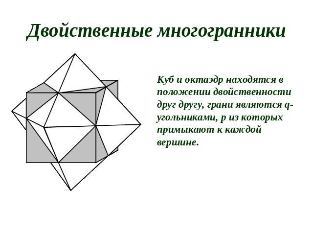 Двойственные многогранники Куб и октаэдр находятся в положении двойственности друг другу, грани являются q-угольниками, р из которых примыкают к каждой вершине.