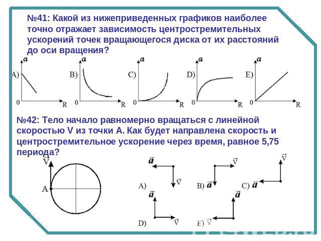 №41: Какой из нижеприведенных графиков наиболее точно отражает зависимость центростремительных ускорений точек вращающегося диска от их расстояний до оси вращения?№42: Тело начало равномерно вращаться с линейной скоростью V из точки А. Как будет нап…