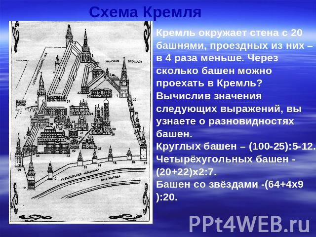 Схема Кремля Кремль окружает стена с 20 башнями, проездных из них – в 4 раза меньше. Через сколько башен можно проехать в Кремль? Вычислив значения следующих выражений, вы узнаете о разновидностях башен.Круглых башен – (100-25):5-12.Четырёхугольных …