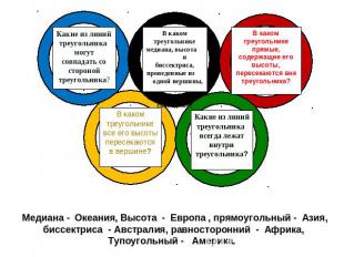 Медиана - Океания, Высота - Европа , прямоугольный - Азия,биссектриса - Австрали